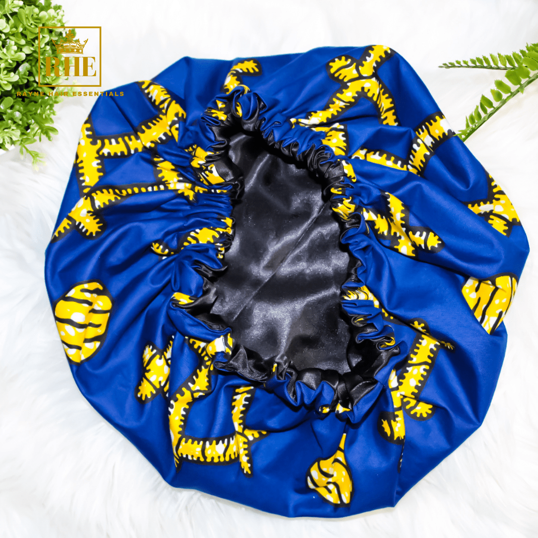 Royal Blue African Print Satin Lined Hair Bonnet - RHE